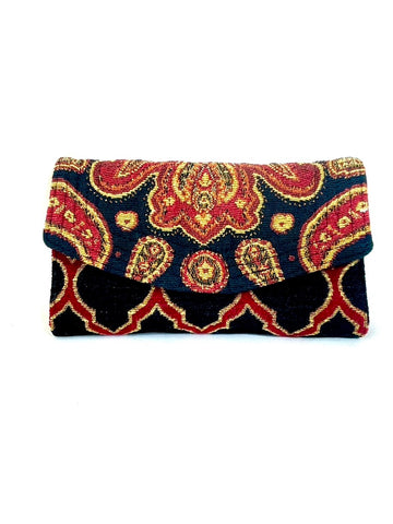 Clutch Wallet in Black, Red and Ivory Coordinating Brocades