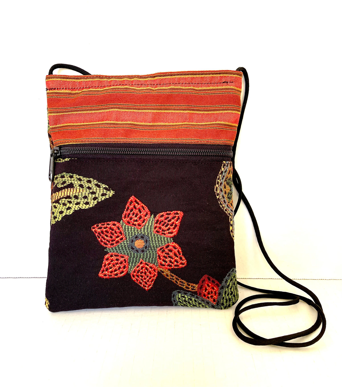 Patch Purse in Black Floral Tapestry with Coordinating Striped Jacquard